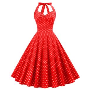 复古年代感挂脖波点连衣裙露背收腰吊带印花度假中长裙子夏表演出