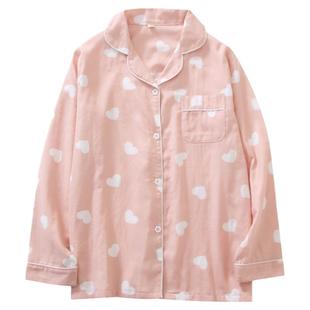 睡衣女春秋纯棉双层纱布夏季薄款全棉清新甜美家居服单件长袖上衣