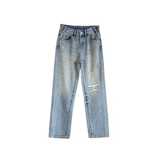 12平方蓝色破洞设计窄版直筒牛仔裤女2026新品氛围感显瘦阔腿裤潮