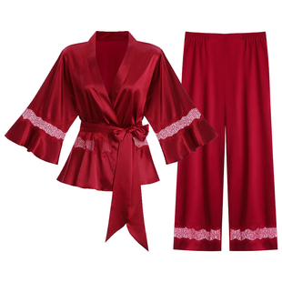 红色结婚蕾丝真丝睡衣女性感桑蚕丝家居服短款睡袍长裤睡衣套装