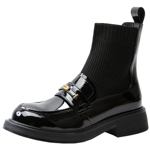 百田森乐福鞋带袜筒靴子秋季新袜子靴针织弹力瘦瘦靴厚底短靴