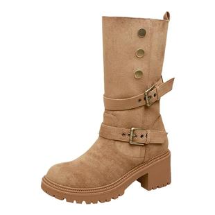 可翻折两穿宽筒围半靴女平跟翻毛皮薄款中筒靴高跟粗跟扣带机车靴