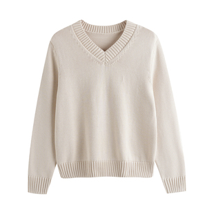 100%纯棉V领针织衫女2026年新款慵懒风柔软抗起球棉线毛衣打底衫