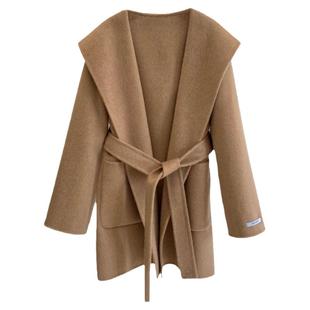 连帽系带双面羊绒大衣女小个子短款冬加厚韩版宽松气质羊毛呢外套