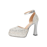 不累脚玛丽珍新娘主婚纱鞋粗跟厚底神器防水台高跟鞋女订婚水晶鞋