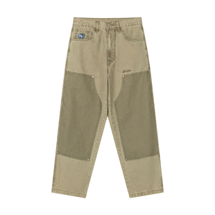 MindError 拼接撞色伐木工装裤男小象刺绣水洗宽松阔腿直筒牛仔裤