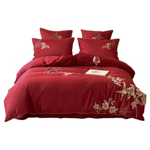 新中式轻奢主卧室长绒棉全棉四件套高级感红色喜字被套结婚房床品