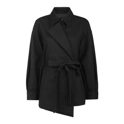 sdeer圣迪奥女装时尚翻领收腰撞色条纹毛呢外套S234Z2205