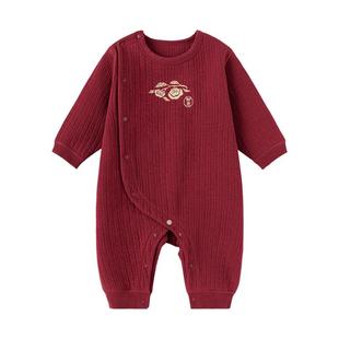 babylove婴儿薄夹棉连体衣秋冬季保暖哈衣爬服红色拜年服金柿如意