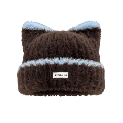 大头围猫耳朵帽子毛绒针织帽保暖