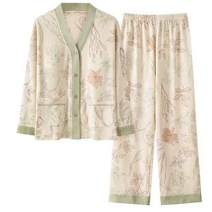 浪莎带胸垫睡衣女士春秋季纯棉长袖V领可外穿简约甜美家居服套装