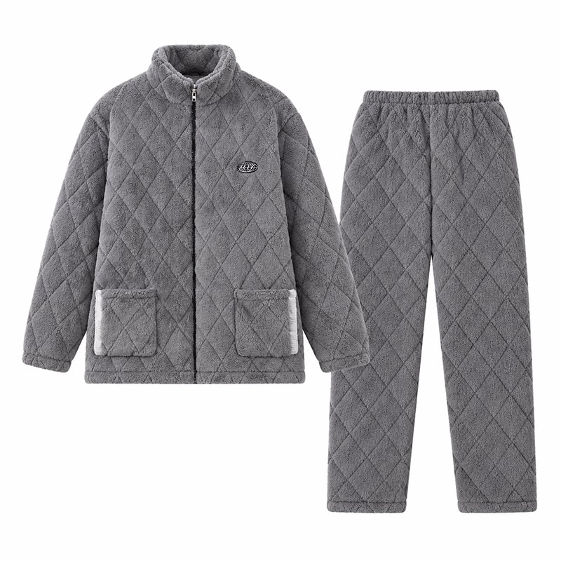 珊瑚绒睡衣秋冬季加厚加绒三层夹棉袄套装款保暖家居服可外穿男士