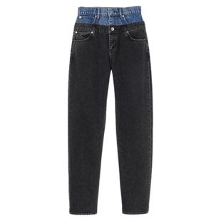 SANDRO秋冬女装经典款法式气质简约复古丹宁双腰拼接直筒牛仔裤