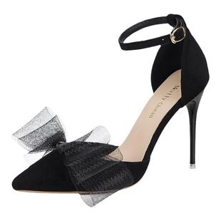 35-45码 高跟鞋春季新款一字带不对称蝴蝶结网纱单鞋尖头婚宴凉鞋