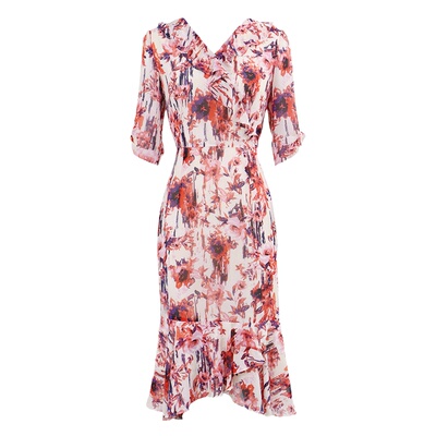 法式复古优雅雪纺碎花鱼尾连衣裙