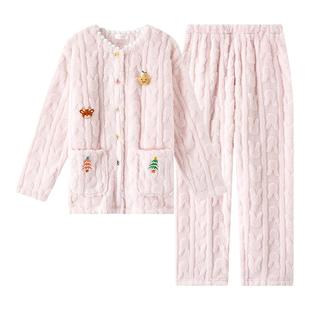 兰卓丽商场同款圆领刺绣家居服女套装舒棉绒睡衣长袖长裤冬可外穿