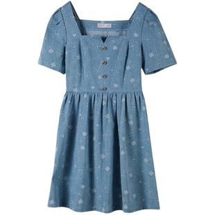 固执夏季新款方领小个子泡泡袖牛仔短袖连衣裙32232LQ08140