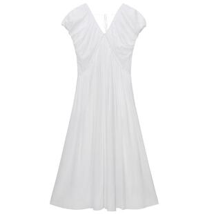 OCHIRLY欧时力  立体缩褶V领连衣裙长裙收腰气质度假2025秋新