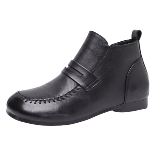 秋冬季软皮软底真皮短靴大码女鞋舒适妈妈鞋二棉鞋女加绒平底靴子