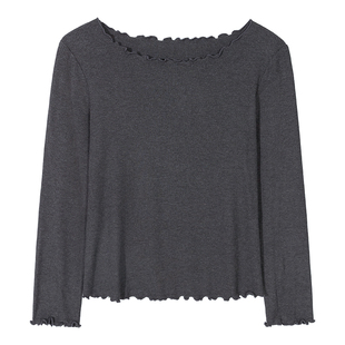 绮娑显瘦大码胖MM上衣女秋冬装新款套头木耳边长袖抗条打底针织衫