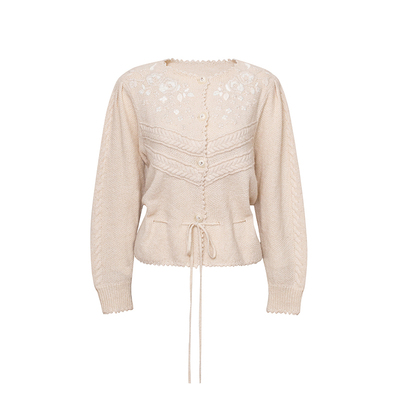 TOP家 针线交织 法式浪漫重工艺 荃手工刺绣钩花收腰羊毛针织开衫