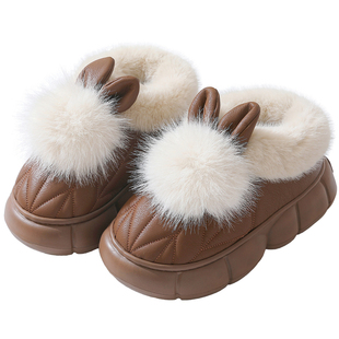 高跟棉拖鞋女包跟厚底居家毛毛PU皮拖鞋冬季加绒保暖棉鞋外穿增高