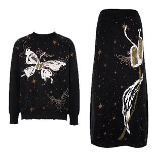 TCH花卉蝴蝶烫钻高级感宽松毛衣半身长裙针织套装女T75D07E1102