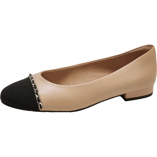 康莉[小香风升级4.0]真皮平底鞋女2026春季新款百搭通勤粗跟单鞋