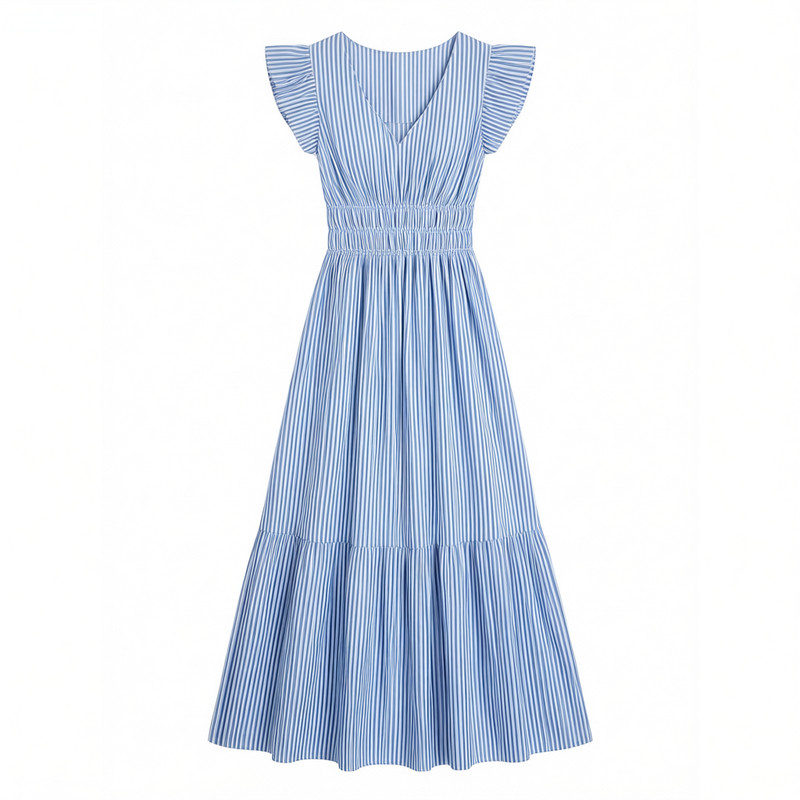 V领收腰连衣裙女V-neck printed waist cinching dress for women