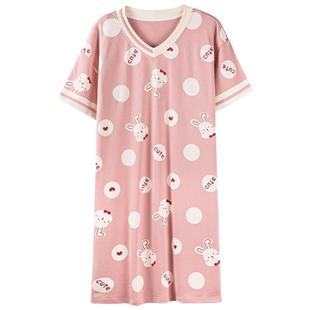 卡之恋带胸垫睡裙一体防凸点睡衣女夏季纯棉短袖粉色连衣裙家居服