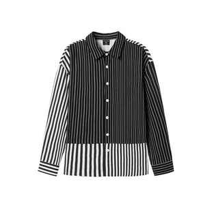 韦恩泽维尔大码拼接条纹衬衫男长袖宽松商务休闲翻领纯棉衬衣9016