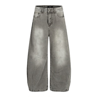 男道复古水洗做旧灰色直筒牛仔裤男女秋季新款美式高街宽松阔腿裤