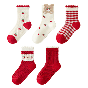 女童袜子纯棉花边冬季儿童秋冬中筒袜小女孩过年大童新年红色棉袜