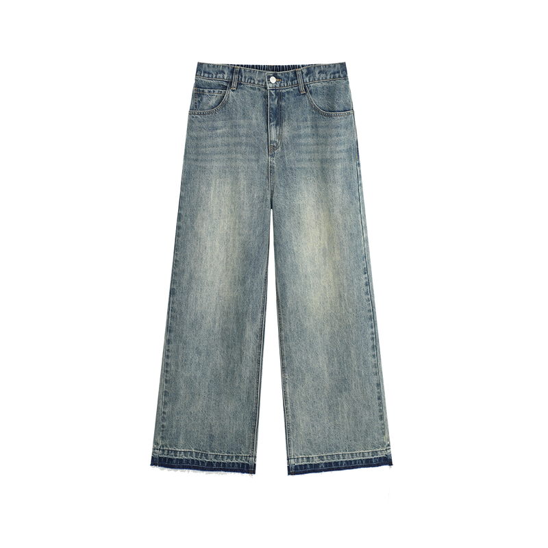 YUZI鱼子直筒复古牛仔裤子大码女装微胖mm显瘦遮肉200斤渐变毛边