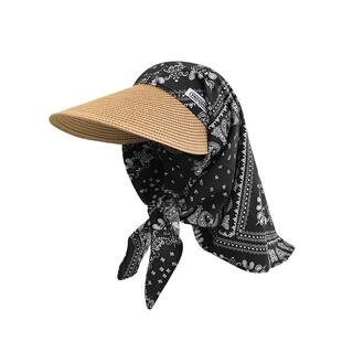 护颈一体防晒帽夏季海边度假风草编空顶帽遮阳头巾太阳帽子女新款