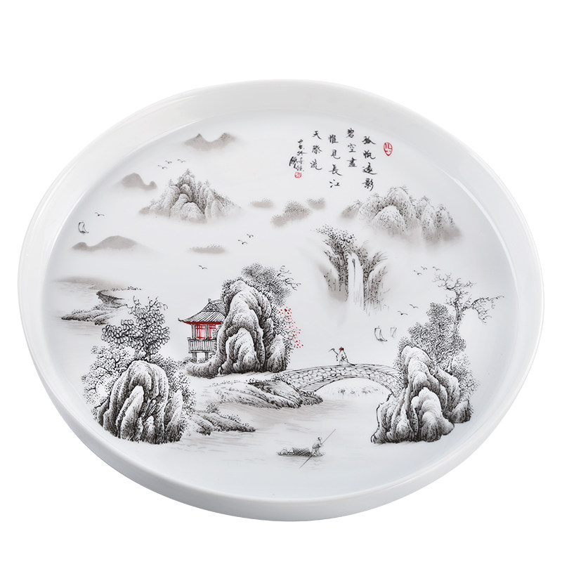 陶瓷中式青花茶盘圆形单层茶具托盘储水盘酒具果盘收纳盘酒盘