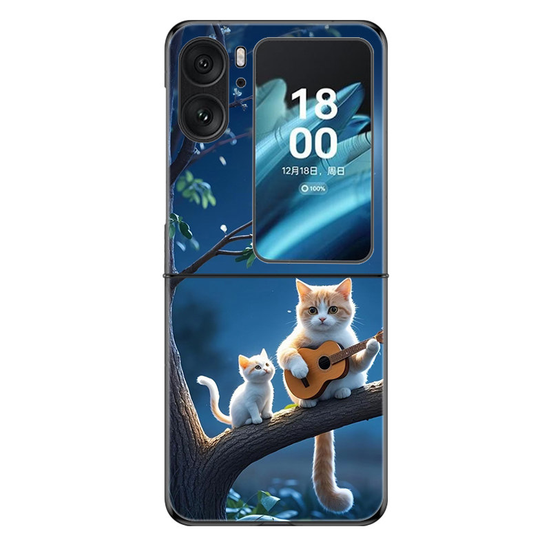 适用OPPOFindN2Flip手机壳OPPOFindN3Flip折叠屏新款防摔保护套文艺小猫玩吉他可爱个性创意高级感硬壳男女潮