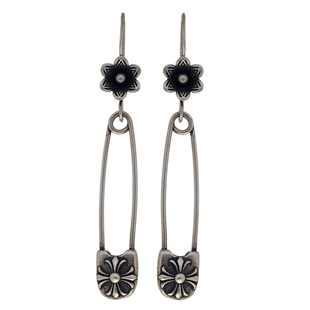 S925纯银小花回形针耳环复古做旧民族风十字军花个性简约朋克耳坠