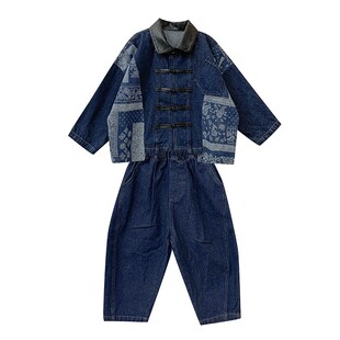 团子麻麻男童秋季牛仔套装国风皮领拼接新中式男孩帅气外套两件套