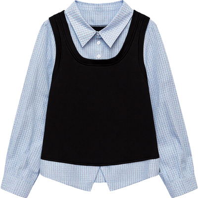 DM100大码百分百女装微胖mm冬季时尚内搭撞色假两件针织格纹衬衫