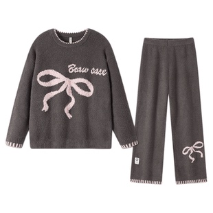 BE半边绒睡衣女款秋冬蝴蝶结冬季长袖加厚加绒冬天家居服秋冬毛绒