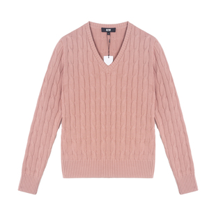 R2W美式复古v领麻花针织衫修身女秋季薄款毛衣绞花针织上衣