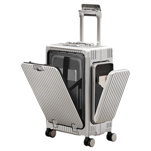 新款三开式多功能前开盖行李箱20寸PC双侧袋大容量旅行登机拉杆箱
