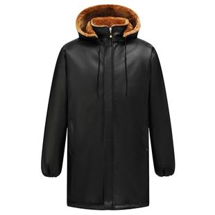 中长款加绒加厚皮衣外套男冬季保暖防水外卖连帽皮衣皮裤套装男