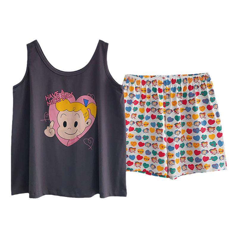 HEARMES 日系卡通背心短裤睡衣女夏季纯棉休闲宽松可爱青年家居服
