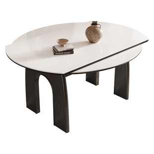 帕沙曼岩板餐桌椅复古风家用小户型可伸缩全托底板实木脚可变圆桌