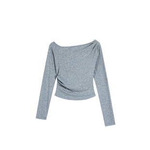 pusumede自由街头 设计感斜肩修身长袖T恤女气质收腰短款露肩上衣