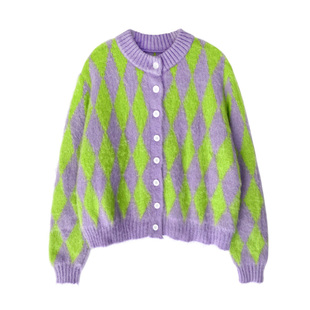 iu李智恩同款毛衣女2024春秋新款马海毛针织衫上衣拼色开衫外套潮