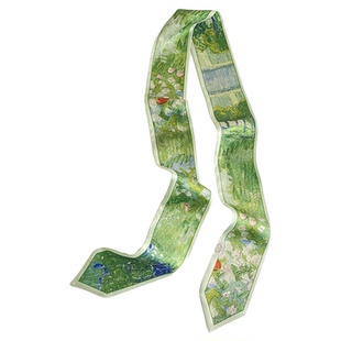 高级感艺术油画长条丝巾女夏季绿色小众双面装饰窄领巾绑发飘带