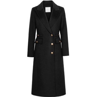 XG雪歌黑色长款毛呢外套时尚冬季新款纯棉羊毛大衣女